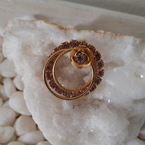 Lavender Rhinestones Round Brooch Pin Gold Tone